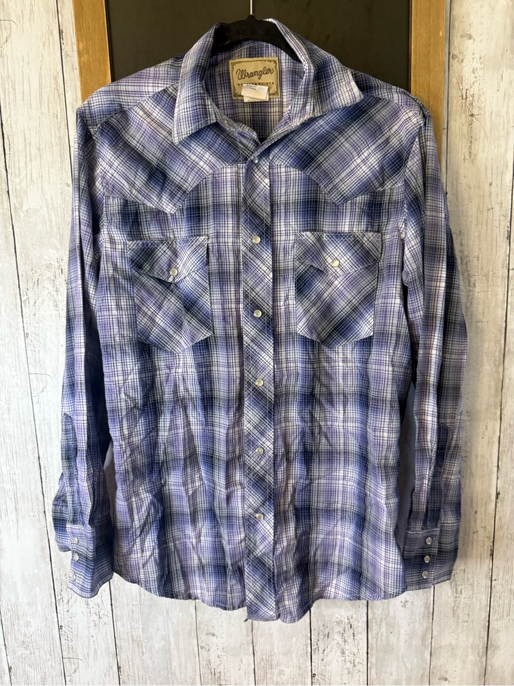Wrangler Mens Size M Blue Plaid Western Pearl Snap Shirt Long Sleeve Cowboy